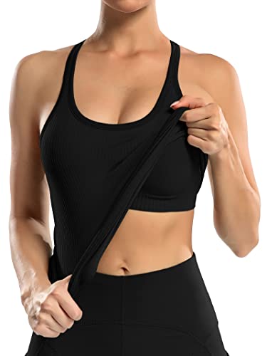 Ribbed Workout Tank Top with Built-in Bra for Women - Sleeveless, Light Support, Racerback