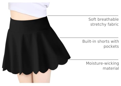 Girls Athletic Skorts - Flowy Tennis Golf Shorts, 9-10 Years Black
