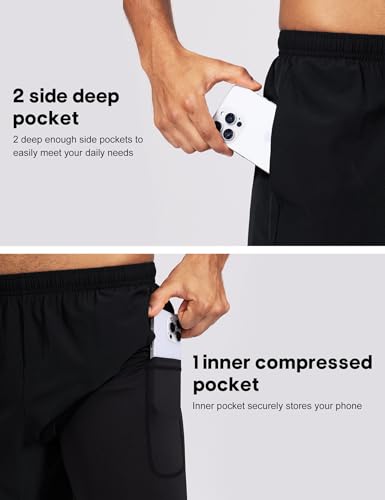 Men's 2 in 1 Running Athletic Shorts - 5 Inch Inseam, Large, Black