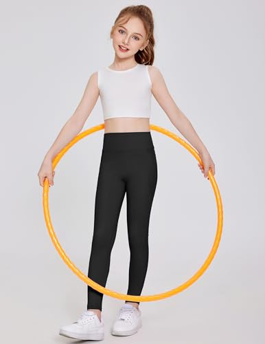 Arshiner Girls High Waist Yoga Leggings with Pockets - Black, Ages 13-14