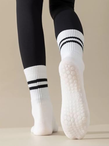 Non-Slip Pilates Socks with Grips for Women - White 3 Pack