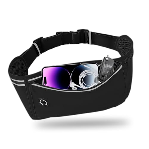 Slim Running Belt for Women & Men - Black Fanny Pack with 3 Pockets