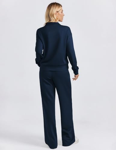 PINSPARK Women's 2-Piece Wide Leg Pants & Two-Way Zip Tracksuit Set - Dusk Navy Petite/Medium