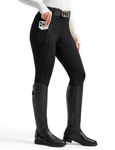 High Waist Horse Riding Pants - Full Seat Breeches with Pockets - Black, Medium