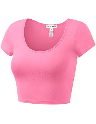 Cotton Crop Top - Short Sleeve Scoop Neck - Small / Candy Pink