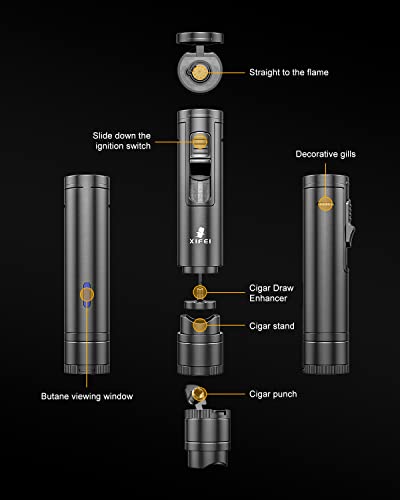 XIFEI Gun Ash Cigar Lighter with Puncher, Draw Enhancer & Stand – Refillable Windproof Torch