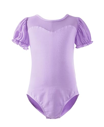 Ballet Leotard for Girls - Puff Sleeve Mesh - 6-7 Years Violet