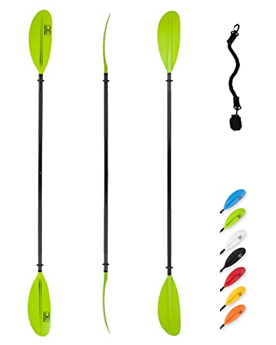 OCEANBROAD Green Kayak Paddle 90.5 Inch - Lightweight Alloy Shaft with Leash, 2-Section, 3 Lock Angles