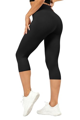 High Waisted Capri Leggings with Pockets - Black, Large-X-Large