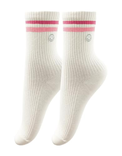 Solid Color Two Stripe Crew Socks - Pink Smiling Face