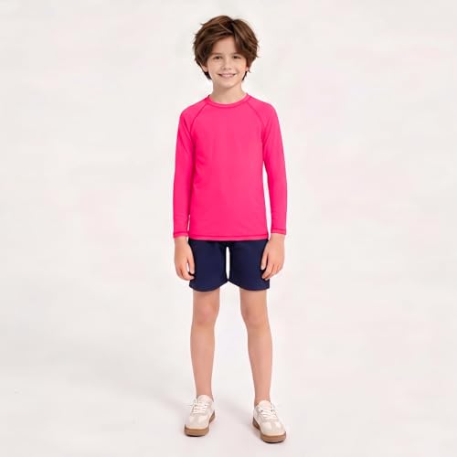 UPF 50+ Kids Rash Guard Long Sleeve Swim Shirt - Hot Pink, Age 10-12