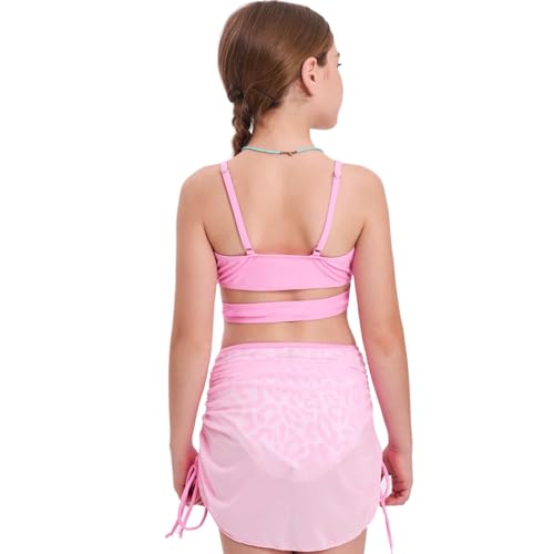 Girls 3-Piece Pink Leopard Swimsuit Set with Cover Up Skirt - Size 6-7 Years
