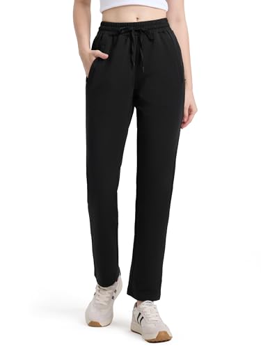 Tapata Petite Women's 26-Inch Inseam Cotton Lounge Joggers with Zipper Pockets, Open Bottom Casual Yoga Pants, Black, Small
