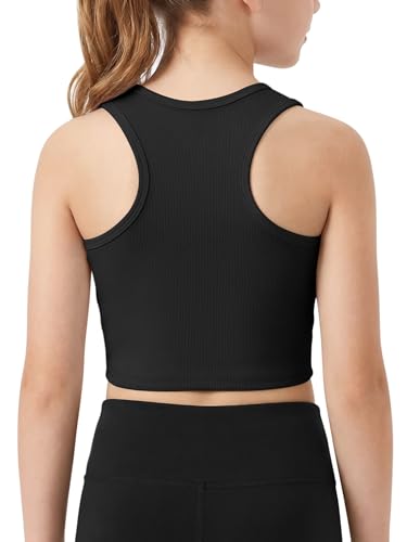 Girls Athletic Ribbed Tank Top - Casual Sleeveless Crop Black, 13-14 Years