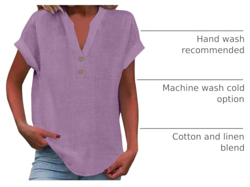 V Neck Linen Shirt for Women - Button Down Blouse, D-Purple, 3X-Large