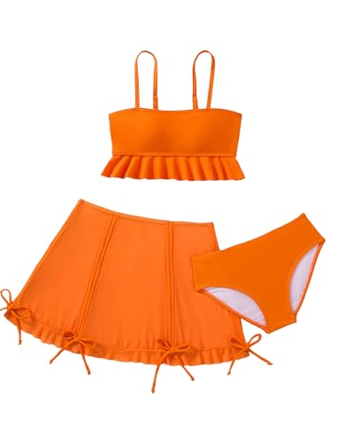 Girls 3-Piece Ruffle Tankini Swim Set with Skirt - Orange, 11-12 Years
