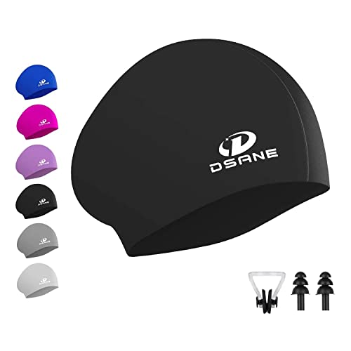 Silicone Swim Cap for Long Hair - Ergonomic Design with Ear Plugs & Nose Clip - Black, Medium