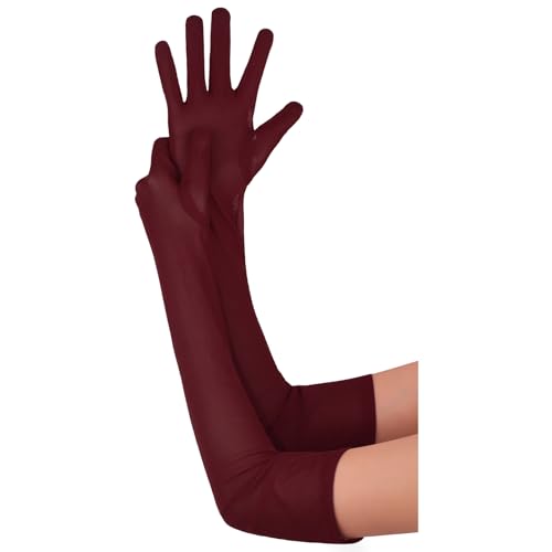 Stretchy Long Mesh Gloves for Women - Formal Opera Prom - Burgundy