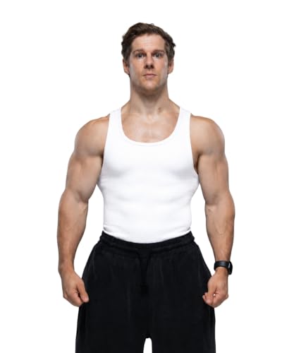 Ekkovision Men's Cotton Spandex Tank Top – Regular Fit, Ribbed White (Medium)