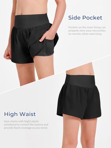 Girls High Waisted 2 in 1 Athletic Shorts with Pockets - Black, 11-12 Years