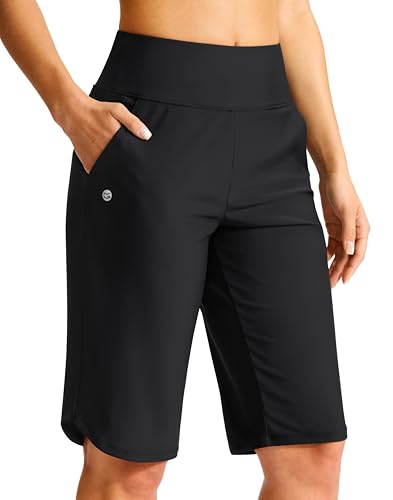 G Gradual Women's 13-inch Black Long Swim Board Shorts with Pockets - Large