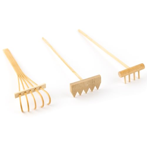 AUEAR, Set of 3 Mini Zen Sand Rakes Bamboo Rock Garden Tray Rake Tools for Home Office Table