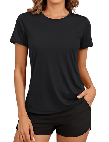Women's Short Sleeve Workout Shirt - UPF 50+ Sun Protection, Quick Dry Athletic Tee - Black, Medium