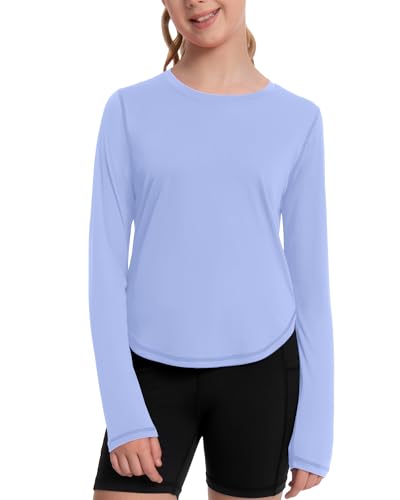 UPF 50+ Rash Guard for Girls - Quick Dry Long Sleeve Shirt, 9-10 Years, Light Blue