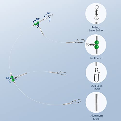 Fishing Leader Rigs - 6 Pcs Nylon-Coated Lines with Swivels & Snap Beads, 2 Arm, Green
