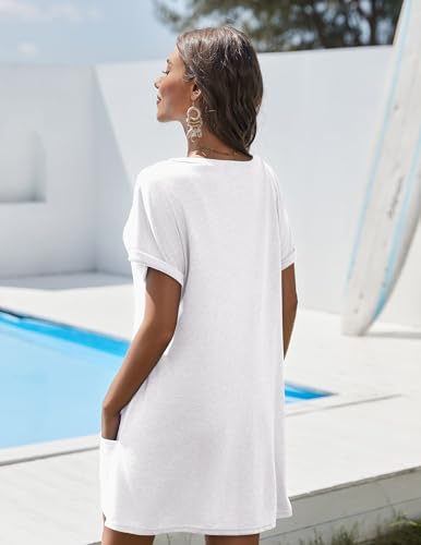 Swimsuit Coverup for Women - Short Sleeve Swimwear T-Shirt with Pockets - Vivid White, XX-Large