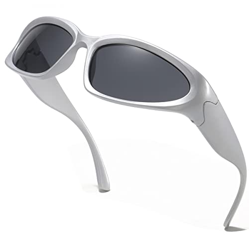 Wrap Around Sports Sunglasses - Silver & Black Oval Frame