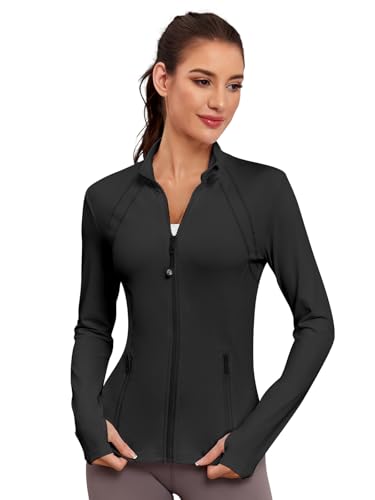 Women’s Fitted Athletic Jacket - Black Small | Zip Up Track Coat with Thumb Holes & Pockets