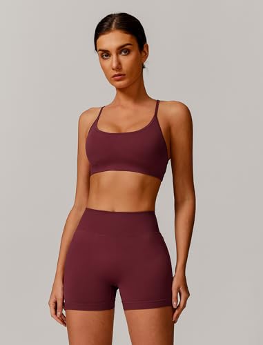 ABOCIW Women's Seamless Workout Sets Backless Sports Bra Scrunch Butt High Waist Gym Shorts 2 Piece Outfit - Wide Red / Small