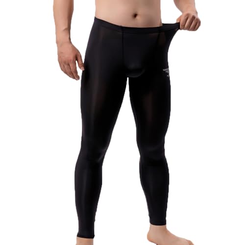 Men's Ice Silk Sheer Leggings Pants Black Large Underwear Bottoms