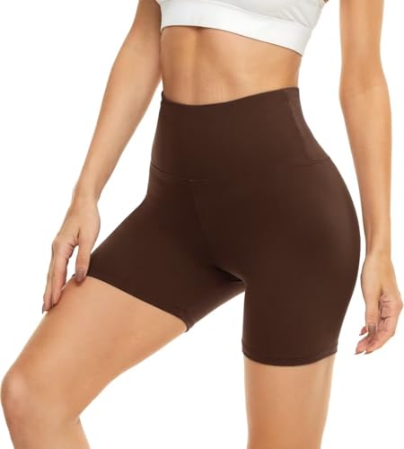5" High Waist Biker Shorts for Women - Compression Spandex, Coffee, Large-X-Large