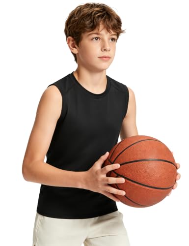 Boys Sleeveless Compression Shirt - Kids Football Undershirt, 11-12 Years / Black