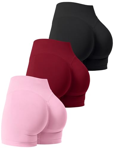 Niipty Women's Workout Shorts 3-Pack High Waist Scrunch Butt Lift Medium Black Red Pink