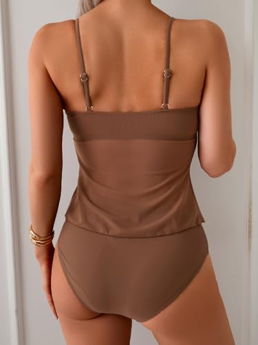 B2prity Women's Tankini Swimsuit Large Brown Tummy Control Mesh Top Bathing Suit