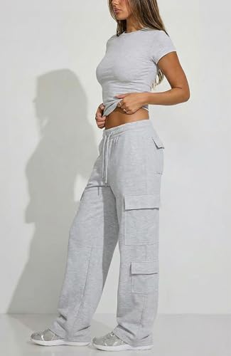 Waitfairy Women's Cargo Sweatpants Wide Leg Fleece Baggy Medium Light Grey