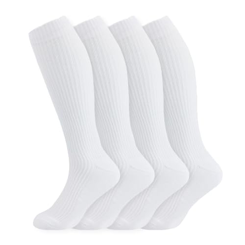 +MD Cotton Compression Socks for Women & Men 4 Pairs White 15-20mmHg Knee High, Pregnancy & Travel Travel