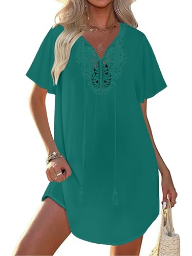 Lace Crochet V-Neck Bikini Beach Cover-Up Dress - Deep Green, XX-Large