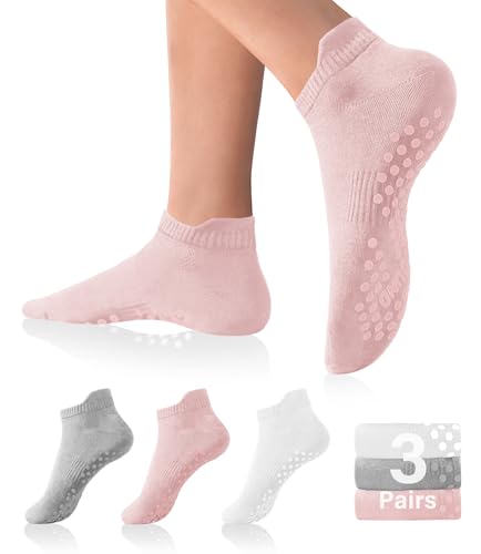 Non-Slip Pilates Socks for Women - 3 Pairs with Grips (Grey, White, Pink)