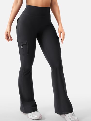 High Waisted Scrunch Flare Leggings with Cargo Pockets - Soft & Comfortable