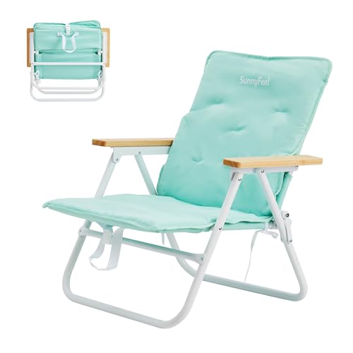 SunnyFeel Green Foldable Beach Chair with Wood Armrest & Cushion - Lightweight Camping & Outdoor Seat