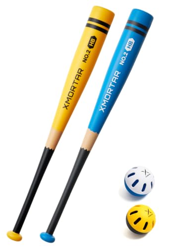 Xmortar 28" 8 oz Plastic Baseball Bat Set - Backyard Wiffle/Blitzball (Yellow & Blue Pencil)