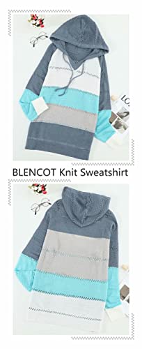 BLENCOT Blue Medium Striped Crochet Fall Sweater Hoodie for Women