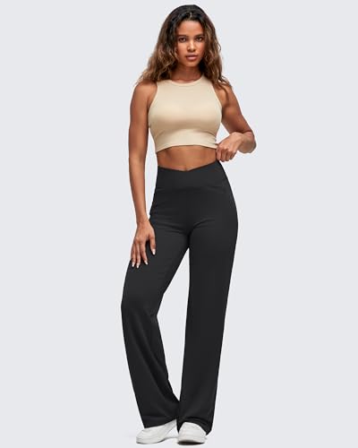G4Free Women's High Waist Wide Leg Yoga Pants Black Medium - Cross Waist Casual Trousers with Zipper Pockets, 29/31/33 Inches