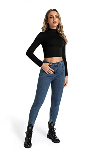 Lightweight Turtleneck Long Sleeve Crop Top - Black, X-Small
