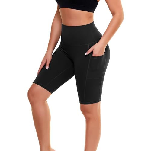 High Waisted Biker Shorts for Women with Pockets - Black Spandex