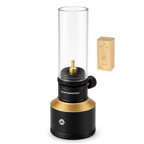 Camping Moon Black Refillable Gas Candle Lantern 15g with Glass Globe & Wooden Case